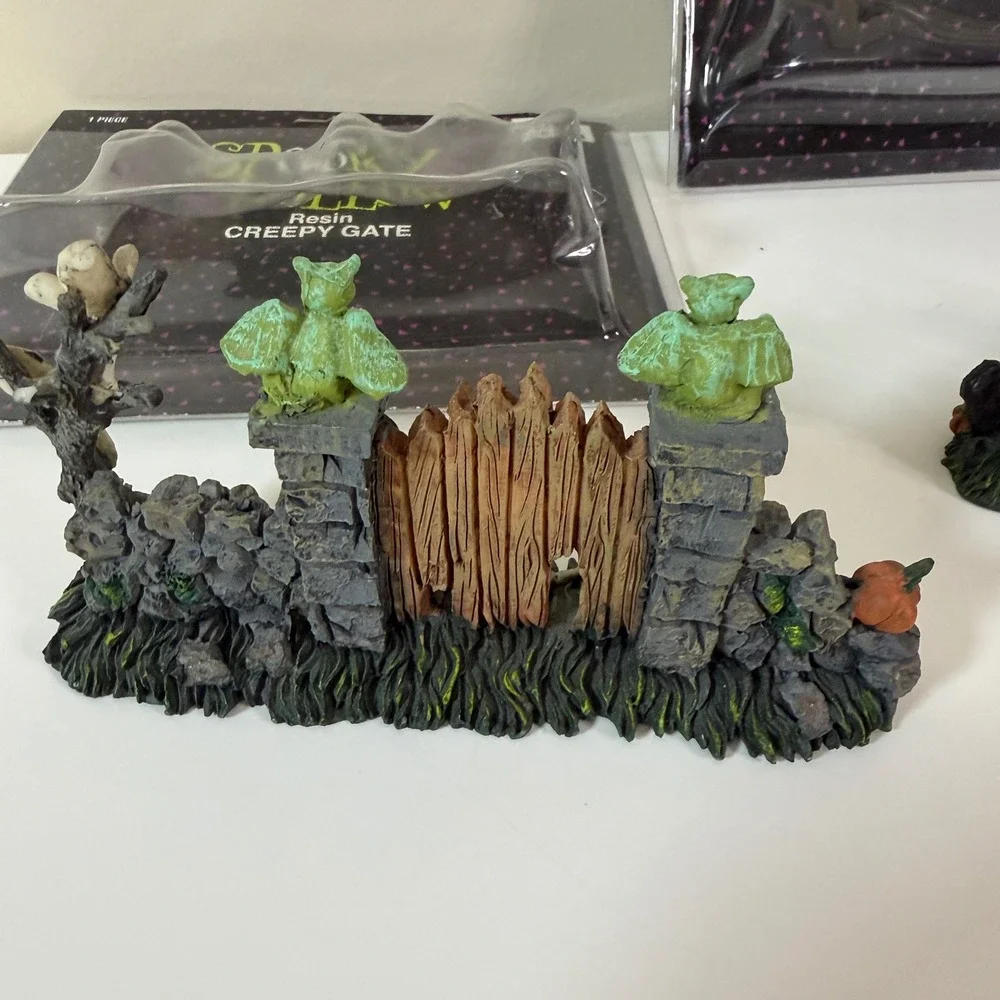 Spooky Hollow Set of 2 Creepy Gate Halloween Decor Resin Village Accessory Mini
